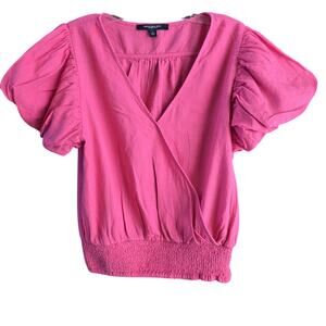 Marc New York Linen Top Fuschia Pink Puff Sleeve With Smocked Waist SZ Large